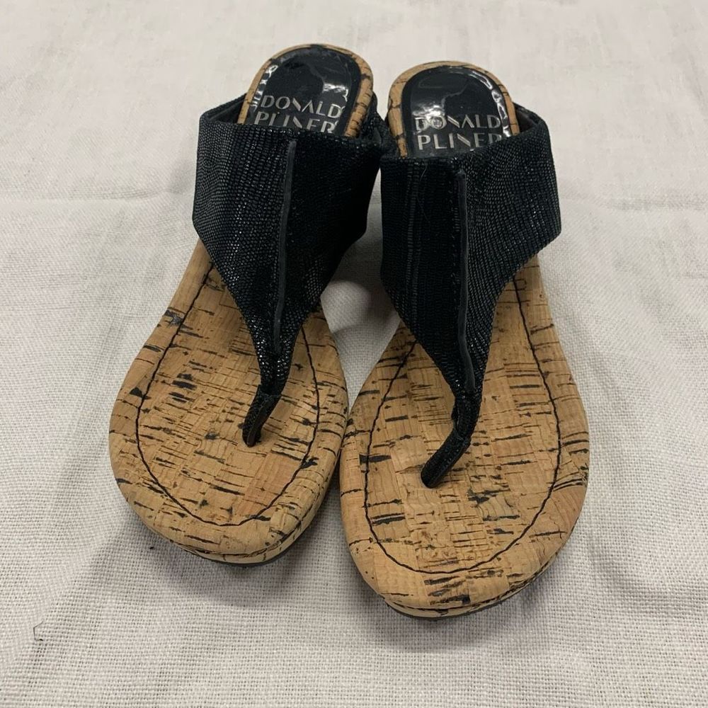 Donald J Pliner Women's HP Goody Cork Wedge Leather Sandals Black Sz 5.5M